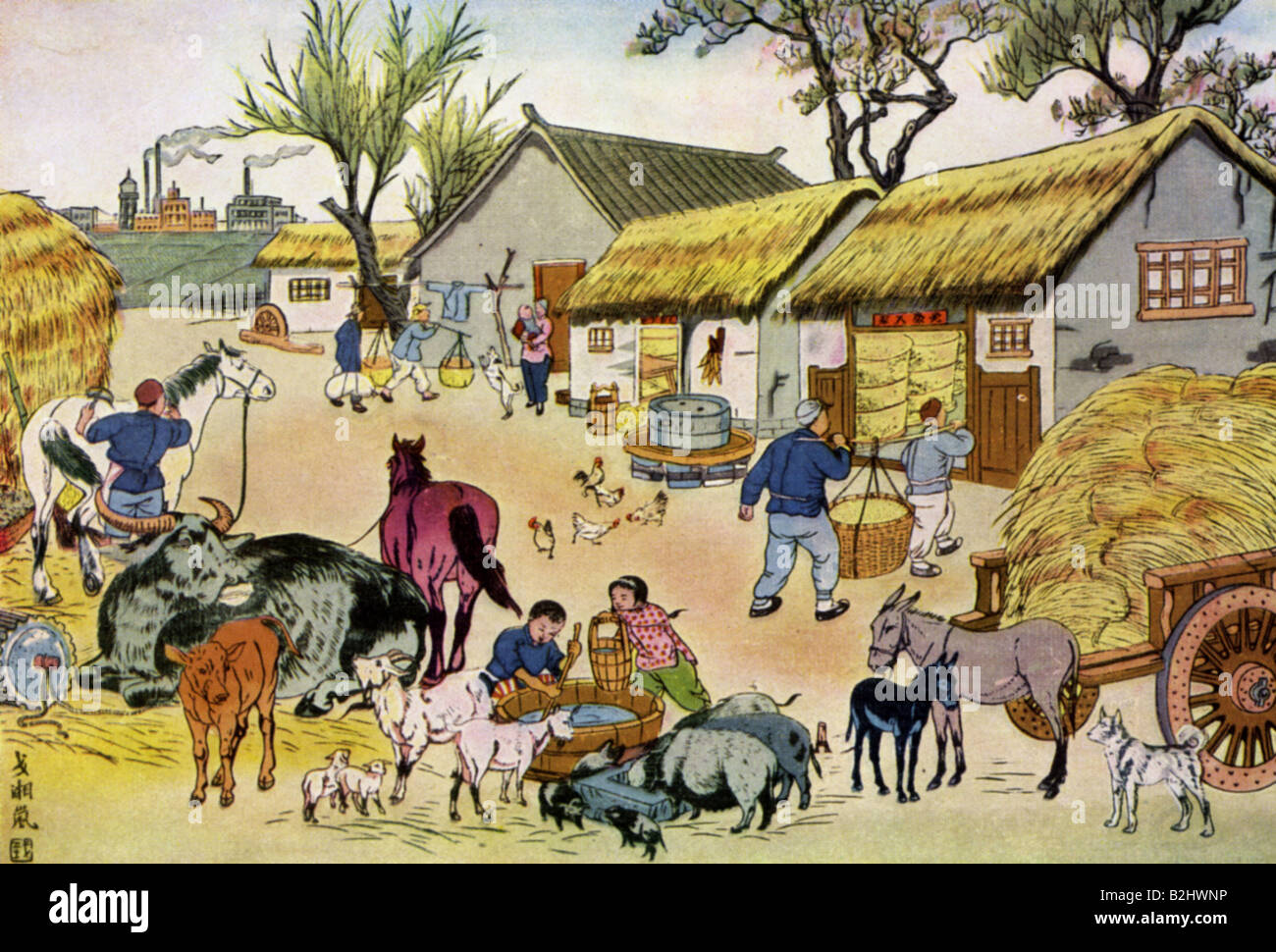 geography / travel, China, agriculture, Chinese new year`s picture: On the farm, 20th century, animals, farmer, drawing, donkey, cow, horse, pigs, pig, goats, goat, goatling, yard dog, houses, factory in the background, historic, historical, people, Stock Photo